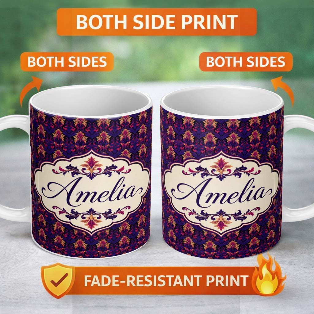 Personalized Custom Name Bold Purple and Magenta Floral Damask Luxury Seamless Pattern Lovely 11oz Ceramic Coffee Tea Mug White Large Handle
