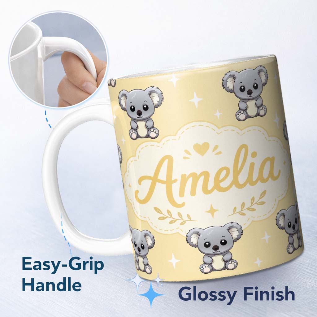 Personalized Custom Name Cute Koala Bears with Stars Yellow Background Seamless Pattern 11oz Ceramic Coffee Tea Mug White Large Handle