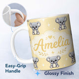 Personalized Custom Name Cute Koala Bears with Stars Yellow Background Seamless Pattern 11oz Ceramic Coffee Tea Mug White Large Handle