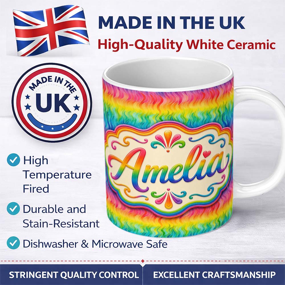 Personalized Custom Name Layered Rainbow Feather Brush Texture Seamless Pattern Lovely 11oz Ceramic Coffee Tea Mug White Large Handle