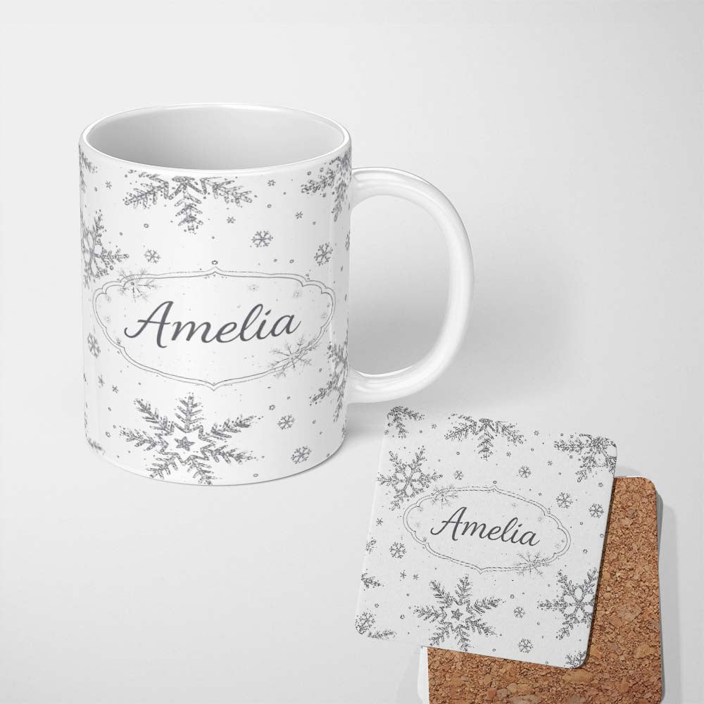 Personalized Custom Name Black Snowflake Sketch Pattern on White Seamless Cute Unique Gift 11oz Ceramic Coffee Tea Mug White Large Handle