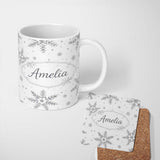 Personalized Custom Name Black Snowflake Sketch Pattern on White Seamless Cute Unique Gift 11oz Ceramic Coffee Tea Mug White Large Handle