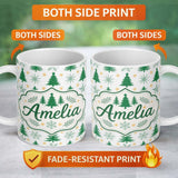 Personalized Custom Name Minimal Christmas Trees with Snowflakes and Starbursts Seamless 11oz Ceramic Coffee Tea Mug White Large Handle