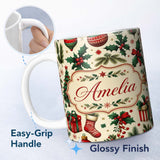 Personalized Custom Name Festive Christmas Gifts Stockings Holly Leaves Bells Seamless Lovely 11oz Ceramic Coffee Tea Mug White Large Handle