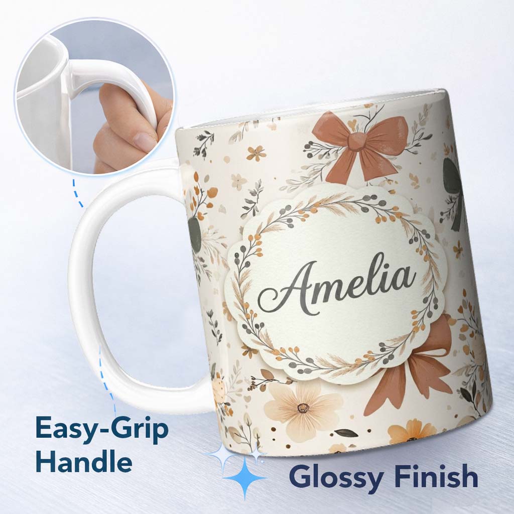 Personalized Custom Name Neutral Beige Bows with Soft Floral Botanical Design Seamless Lovely 11oz Ceramic Coffee Tea Mug White Large Handle