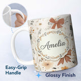 Personalized Custom Name Neutral Beige Bows with Soft Floral Botanical Design Seamless Lovely 11oz Ceramic Coffee Tea Mug White Large Handle