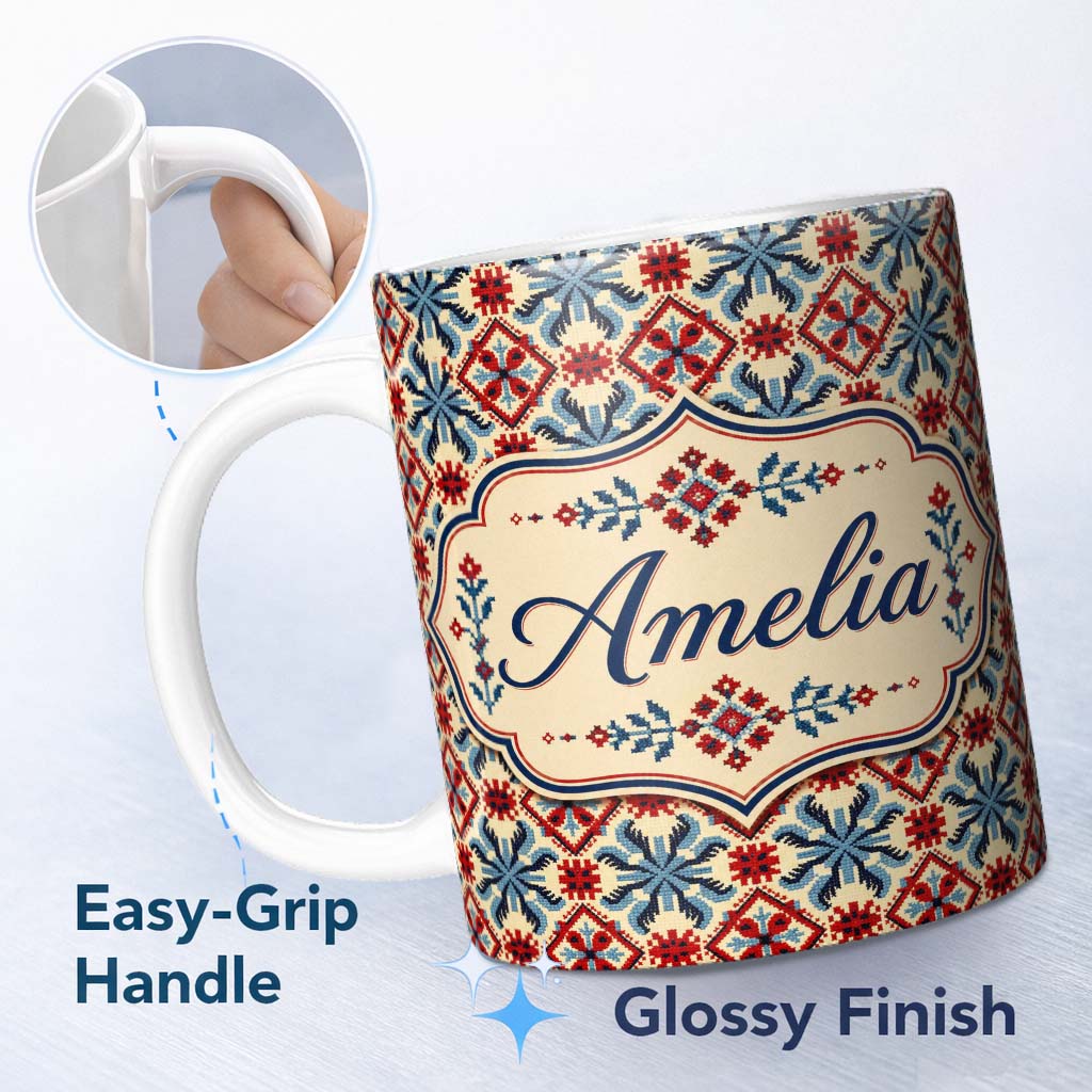 Personalized Custom Name Traditional Red Blue Geometric Folk Pattern Seamless Pattern Lovely 11oz Ceramic Coffee Tea Mug White Large Handle