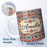 Personalized Custom Name Traditional Red Blue Geometric Folk Pattern Seamless Pattern Lovely 11oz Ceramic Coffee Tea Mug White Large Handle