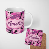 Personalized Custom Name Pink Purple Camouflage Fashion Style Seamless Pattern Lovely 11oz Ceramic Coffee Tea Mug White Large Handle
