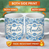 Personalized Custom Name Detailed Blue Floral Pattern with Ornamental Botanical Motifs Lovely 11oz Ceramic Coffee Tea Mug White Large Handle