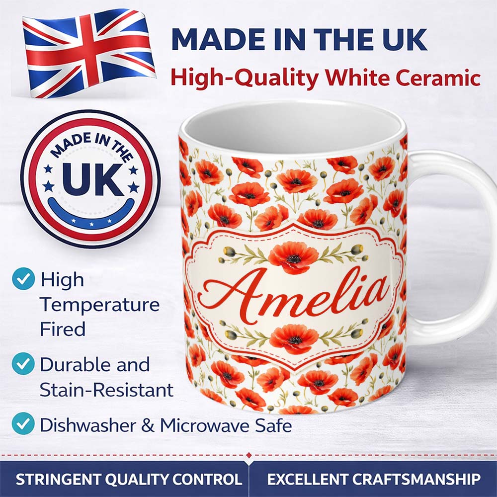 Personalized Custom Name Red Poppy Flower Watercolor Seamless Pattern Charming Kitchen Decor 11oz Ceramic Coffee Tea Mug White Large Handle