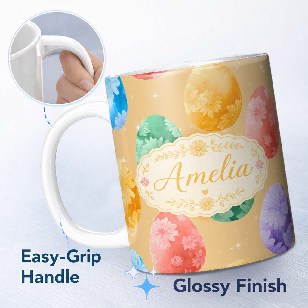 Personalized Custom Name Pastel Easter Egg Pattern with Floral Designs on Soft Golden Lovely 11oz Ceramic Coffee Tea Mug White Large Handle