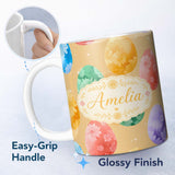 Personalized Custom Name Pastel Easter Egg Pattern with Floral Designs on Soft Golden Lovely 11oz Ceramic Coffee Tea Mug White Large Handle
