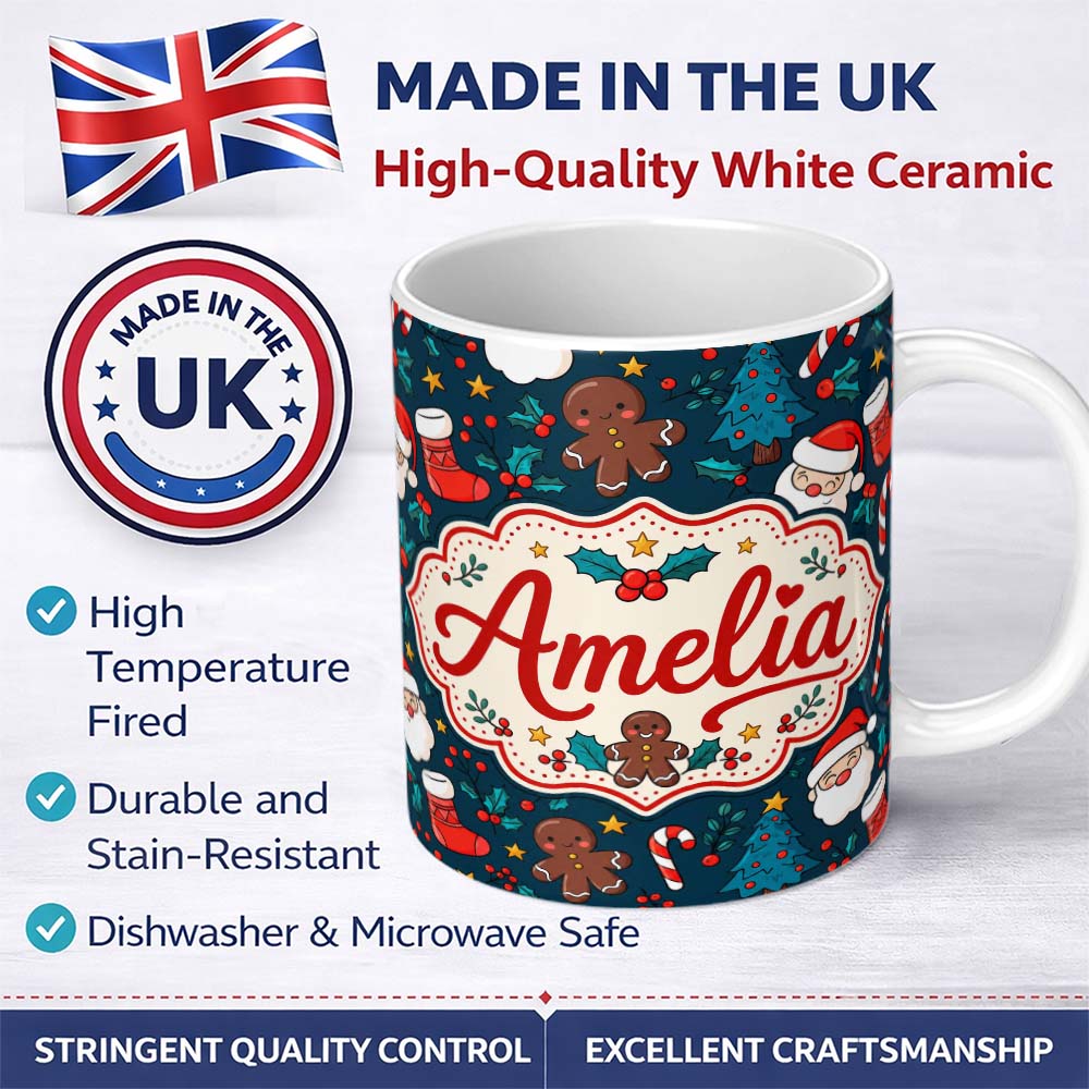 Personalized Custom Name Cute Gingerbread Santa Tree Candy Cane Seamless Pattern Christmas 11oz Ceramic Coffee Tea Mug White Large Handle