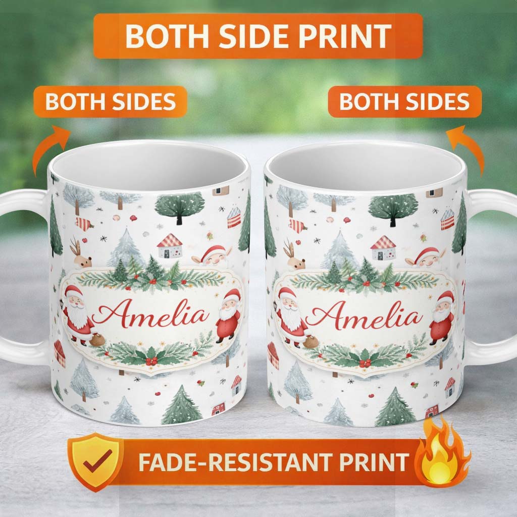 Personalized Custom Name Cute Christmas Santa Reindeer Tree Pattern Kids Festive Seamless 11oz Ceramic Coffee Tea Mug White Large Handle