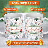 Personalized Custom Name Cute Christmas Santa Reindeer Tree Pattern Kids Festive Seamless 11oz Ceramic Coffee Tea Mug White Large Handle