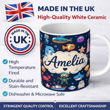 Personalized Custom Name Cartoon Ocean with Various Sea Creatures on Deep Navy Background 11oz Ceramic Coffee Tea Mug White Large Handle