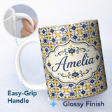 Personalized Custom Name Navy and Mustard Decorative Tile Pattern with Bold Floral Geometry 11oz Ceramic Coffee Tea Mug White Large Handle