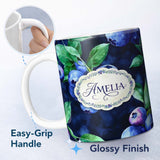 Personalized Custom Name Watercolor Blueberry Fruit Leaves Dark Background Seamless Pattern 11oz Ceramic Coffee Tea Mug White Large Handle