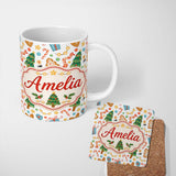 Personalized Custom Name Cute Christmas Cookies Candy Canes Gifts and Tree Seamless Pattern 11oz Ceramic Coffee Tea Mug White Large Handle