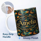 Personalized Custom Name Vibrant Goldfish with Flowing Fins on Dark Aquatic Background Lovely 11oz Ceramic Coffee Tea Mug White Large Handle