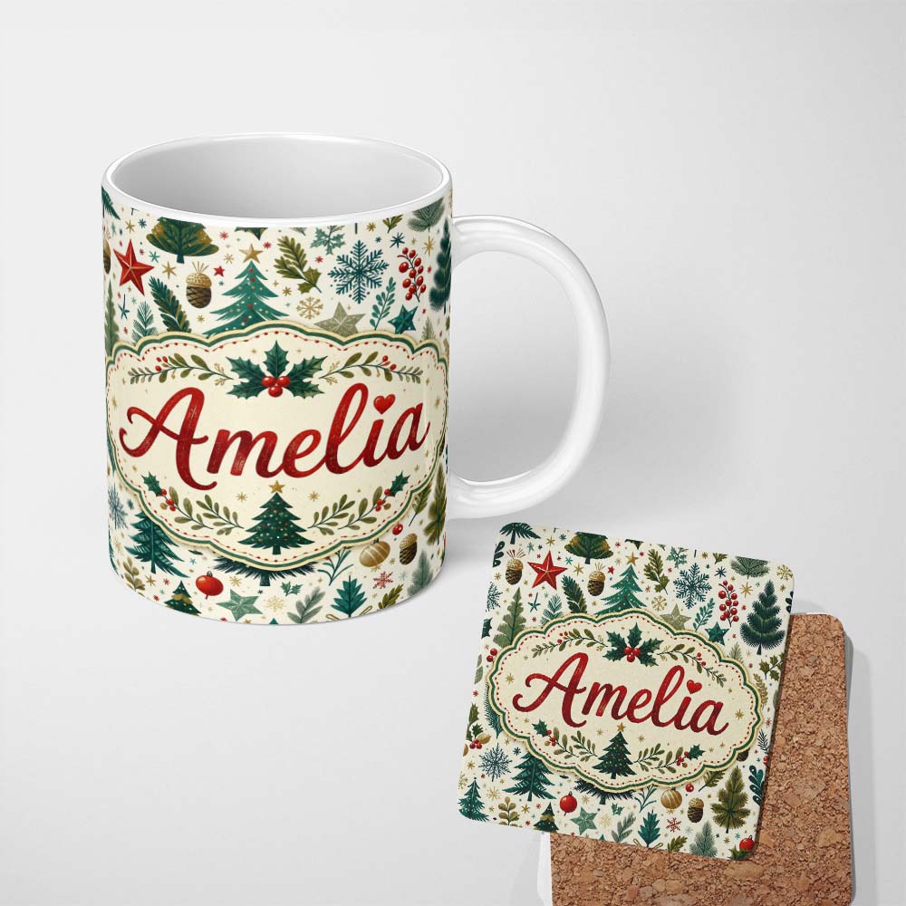 Personalized Custom Name Scandinavian Christmas Tree Holly Berry Winter Seamless Pattern 11oz Ceramic Coffee Tea Mug White Large Handle