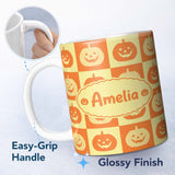 Personalized Custom Name Halloween Pumpkin Faces in Warm Yellow and Orange Grid Seamless 11oz Ceramic Coffee Tea Mug White Large Handle