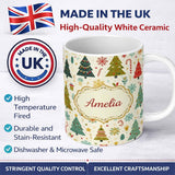 Personalized Custom Name Whimsical Christmas Trees Candy Canes Snowflakes Holiday Seamless 11oz Ceramic Coffee Tea Mug White Large Handle