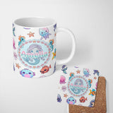 Personalized Custom Name Cute Kawaii Mermaid Seahorse Jellyfish and Starfish Light Grey 11oz Ceramic Coffee Tea Mug White Large Handle