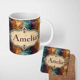 Personalized Custom Name Abstract Grunge Patchwork Texture Seamless Pattern Cute Unique Gift 11oz Ceramic Coffee Tea Mug White Large Handle