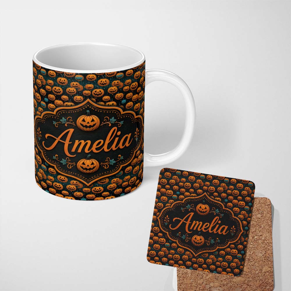 Personalized Custom Name Hanging Pumpkins with Teal Accents on Dark Striped Background Lovely 11oz Ceramic Coffee Tea Mug White Large Handle