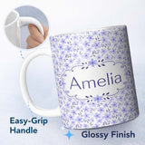 Personalized Custom Name Purple Floral Meadow Seamless Pattern Simple Botanical Repeat Design 11oz Ceramic Coffee Tea Mug White Large Handle