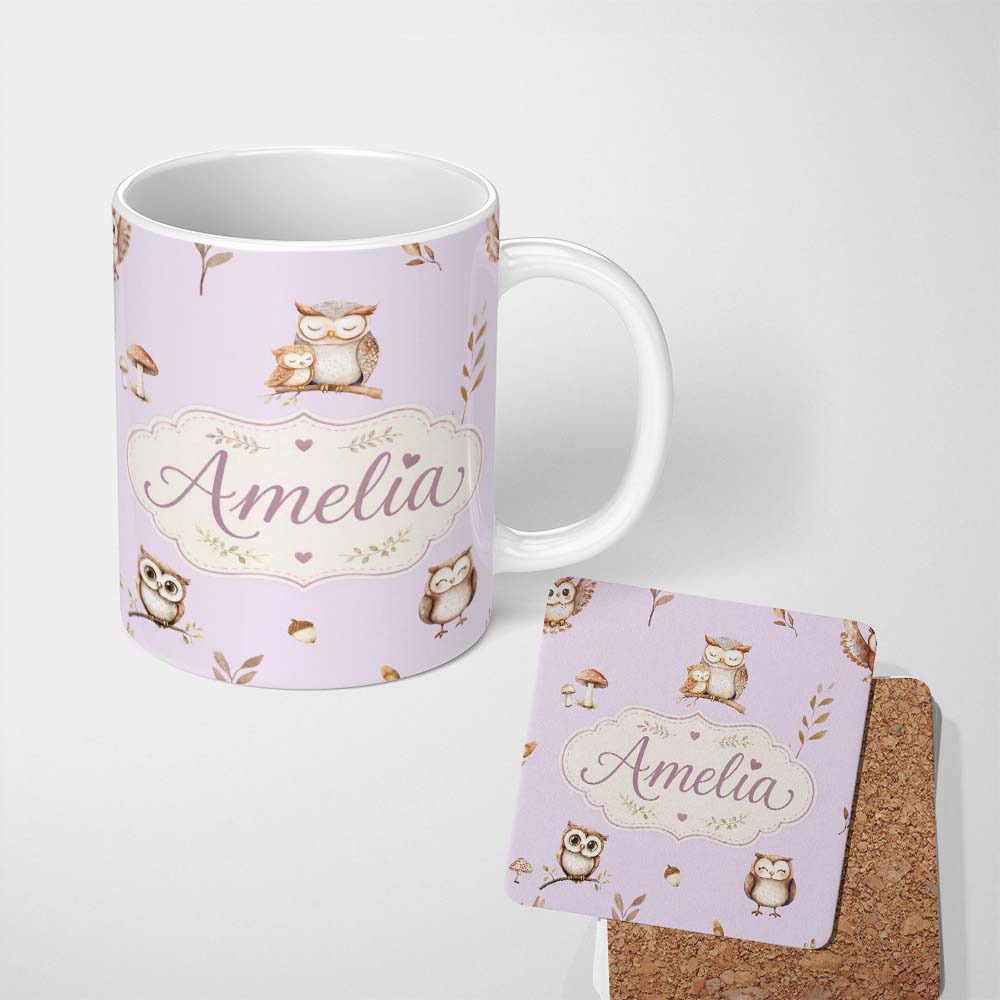 Personalized Custom Name Woodland Owls with Mushrooms Leaves Soft Lavender Seamless Pattern 11oz Ceramic Coffee Tea Mug White Large Handle