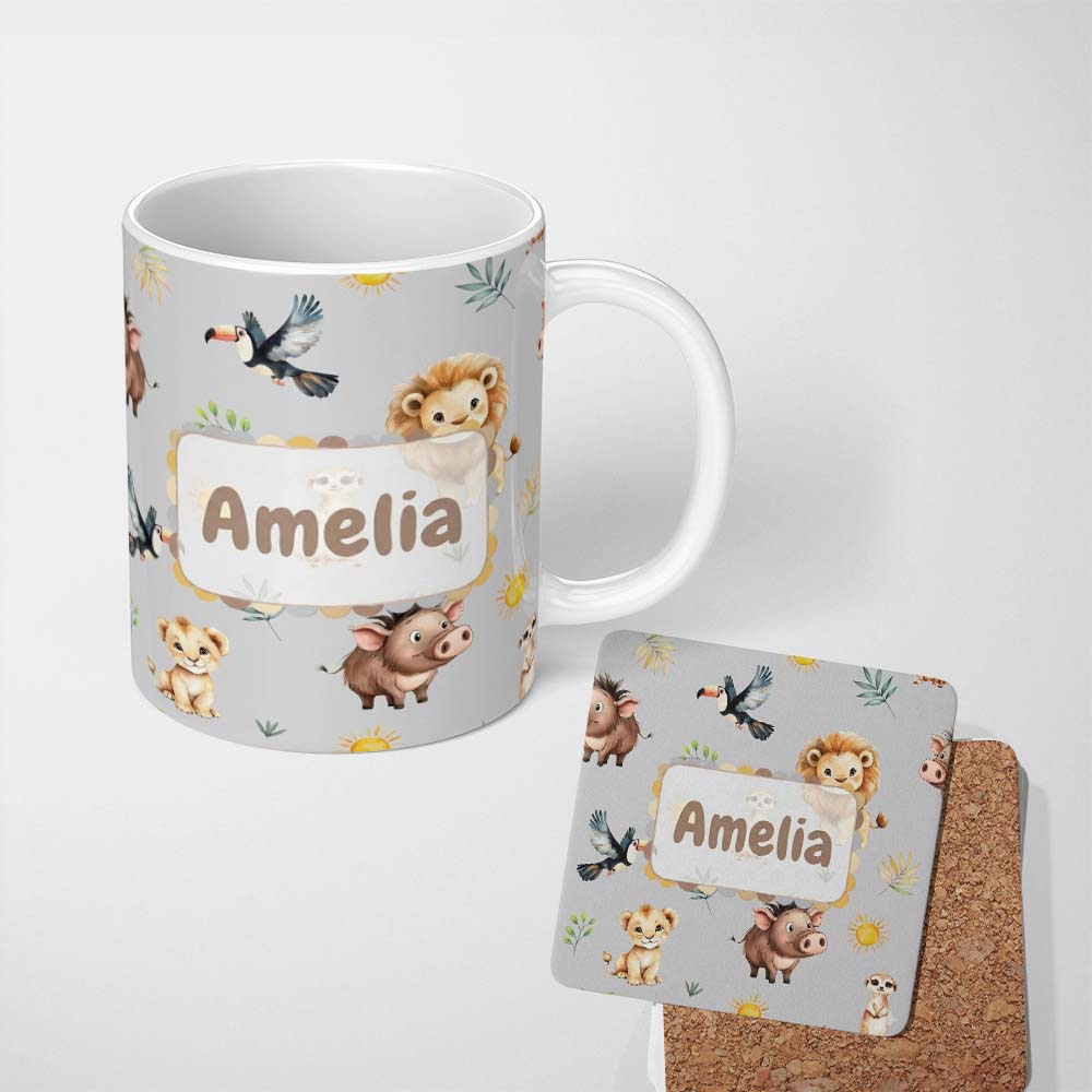 Personalized Custom Name Cute Safari Animals Lion  Toucan and Warthog with Sun and 11oz Ceramic Coffee Tea Mug White Large Handle