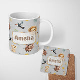 Personalized Custom Name Cute Safari Animals Lion  Toucan and Warthog with Sun and 11oz Ceramic Coffee Tea Mug White Large Handle