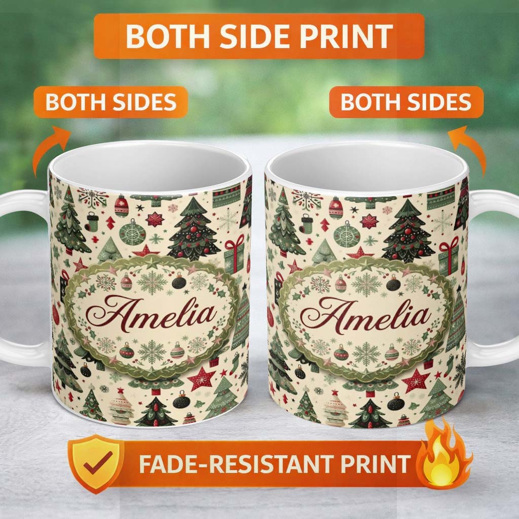 Personalized Custom Name Elegant Christmas Tree Star Snowflake Gift Festive Seamless Pattern 11oz Ceramic Coffee Tea Mug White Large Handle