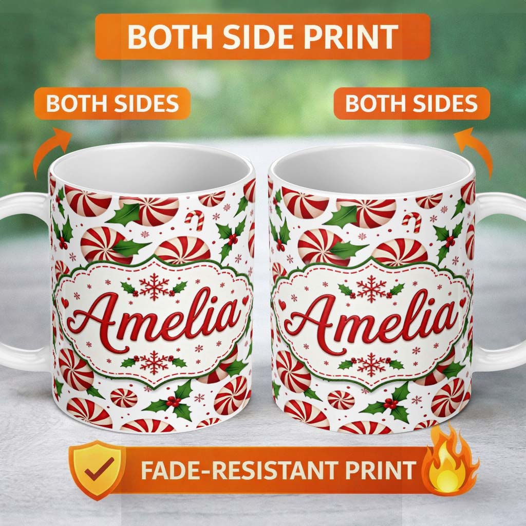 Personalized Custom Name Peppermint Candy Swirl Holly Berry Christmas Seamless Pattern Lovely 11oz Ceramic Coffee Tea Mug White Large Handle
