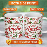 Personalized Custom Name Peppermint Candy Swirl Holly Berry Christmas Seamless Pattern Lovely 11oz Ceramic Coffee Tea Mug White Large Handle