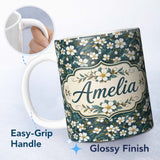 Personalized Custom Name Teal Background White Floral Botanical Pattern with Detailed Leaves 11oz Ceramic Coffee Tea Mug White Large Handle