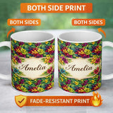 Personalized Custom Name Multicolor Tropical Leaves Dense Botanical Seamless Pattern Lovely 11oz Ceramic Coffee Tea Mug White Large Handle