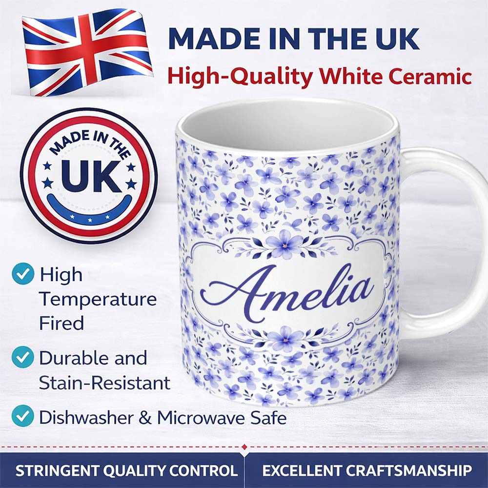 Personalized Custom Name Soft Blue Watercolor Floral Seamless Pattern Delicate Botanical 11oz Ceramic Coffee Tea Mug White Large Handle