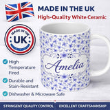 Personalized Custom Name Soft Blue Watercolor Floral Seamless Pattern Delicate Botanical 11oz Ceramic Coffee Tea Mug White Large Handle