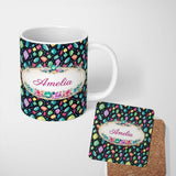 Personalized Custom Name Bright Faceted Gemstone Seamless Pattern Dark Background Jewel 11oz Ceramic Coffee Tea Mug White Large Handle
