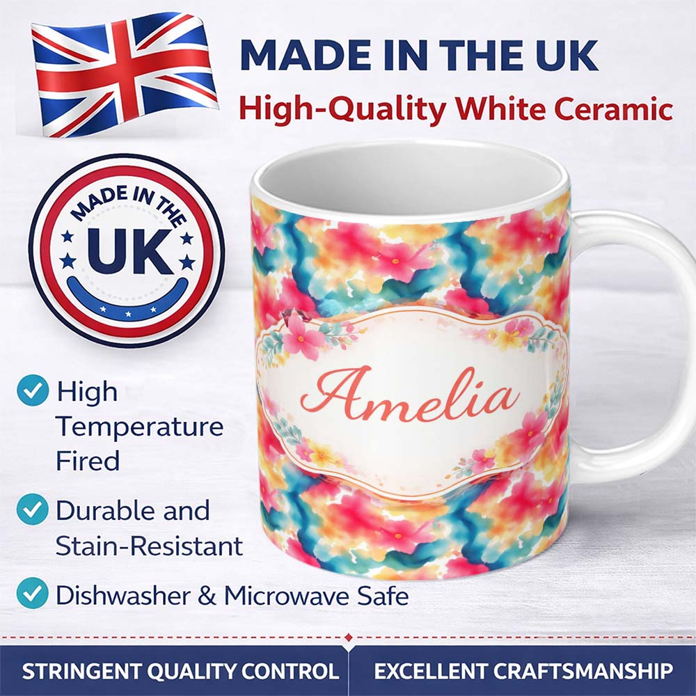 Personalized Custom Name Watercolour Blend Abstract Flow Soft Pink Yellow Blue Pattern Lovely 11oz Ceramic Coffee Tea Mug White Large Handle