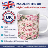 Personalized Custom Name Soft Pink Azalea Flowers Dense Botanical Seamless Pattern Lovely 11oz Ceramic Coffee Tea Mug White Large Handle