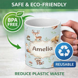 Personalized Custom Name Woodland Deer Bear Fox Owl Raccoon Leaves Mushrooms Blue Seamless 11oz Ceramic Coffee Tea Mug White Large Handle