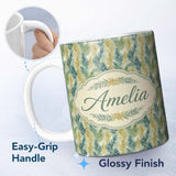 Personalized Custom Name Tropical Palm Leaf Botanical Pattern in Green and Mustard Tones 11oz Ceramic Coffee Tea Mug White Large Handle