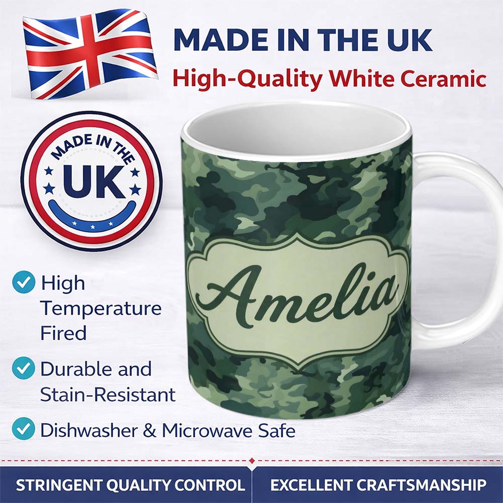 Personalized Custom Name Muted Sage Camouflage Seamless Pattern Thoughtful Gift Idea Lovely 11oz Ceramic Coffee Tea Mug White Large Handle