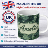 Personalized Custom Name Muted Sage Camouflage Seamless Pattern Thoughtful Gift Idea Lovely 11oz Ceramic Coffee Tea Mug White Large Handle