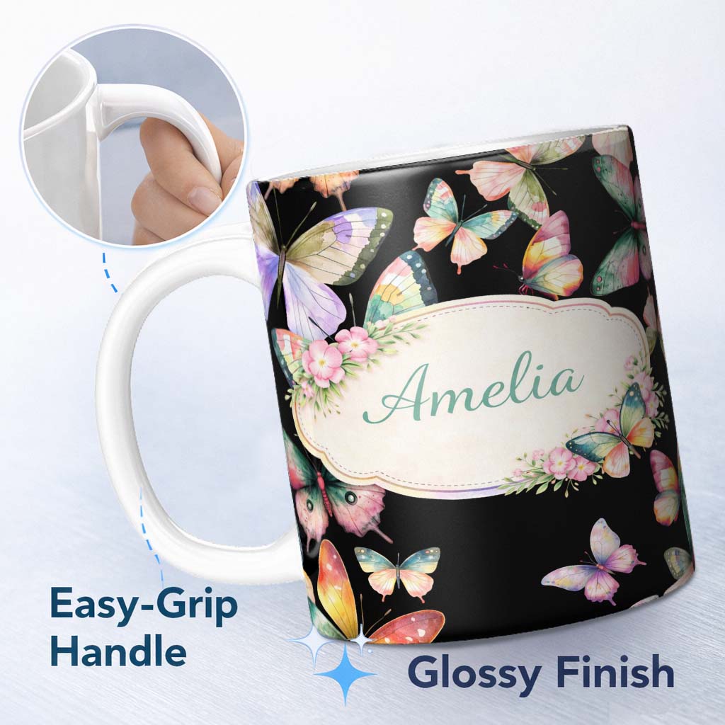 Personalized Custom Name Pastel Watercolor Butterflies White Background Seamless Pattern 11oz Ceramic Coffee Tea Mug White Large Handle